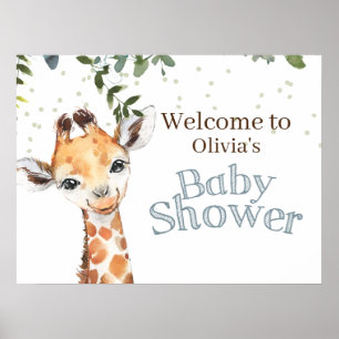 Dschungelsafari-Giraffe Blau Baby Shower Willkomme Poster