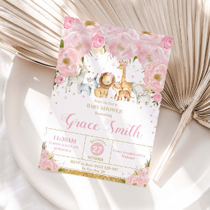 Dschungeltiere Erröten Rosa Florale Babyparty  Einladung