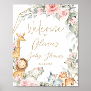 Dschungeltiere Rosa Florale Babyparty Willkommen Poster