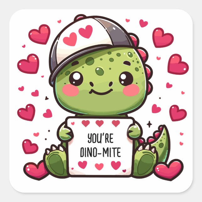 Du bist Dino-mite! - Niedliche Valentinkarte von D Quadratischer Aufkleber (Vorderseite)
