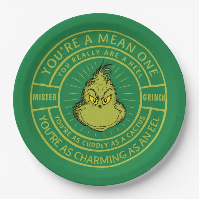 Du bist ein Gemeines One Mister Grinch Abzeichen Pappteller (Vorderseite)