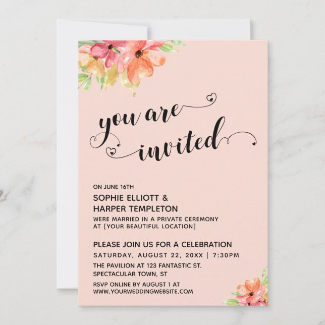 Du bist eingeladen Hearts Script Blush Florals Einladung (Vorderseite)