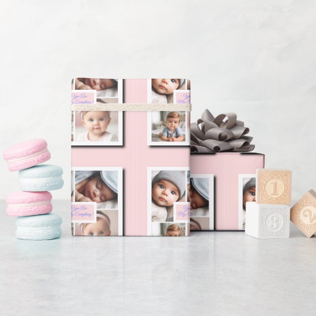 Du bist mein Alles FotoCollage auf Rosa Geschenkpapier (Babyparty)