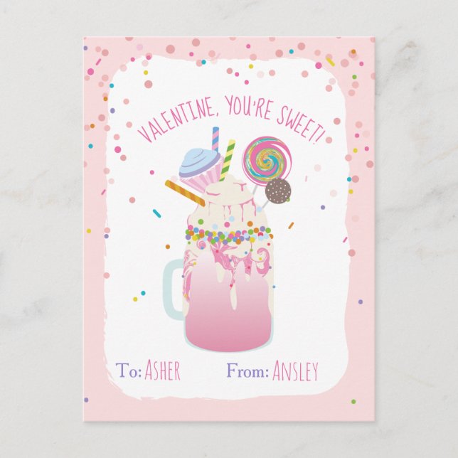 Du bist Sweet Crazy Milkshake Candy Kids Valentine Postkarte (Vorderseite)