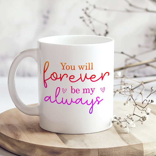 "Du wirst immer mein ewiges" Herzform Foto Kaffeetasse ("You will forever be my always" Heart Shape Photo Coffee Mug on a boho kitchen table with flowers)