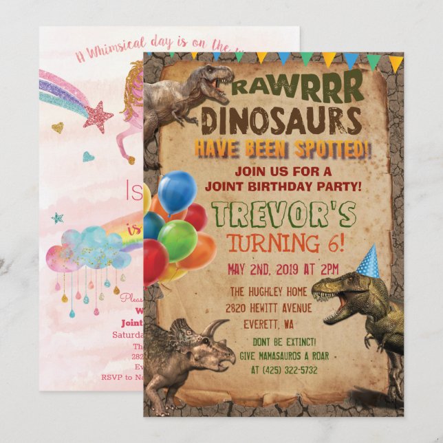 DUAL INVITE - Einhorn und Dinosaurier Einladung zu (Vorne/Hinten)
