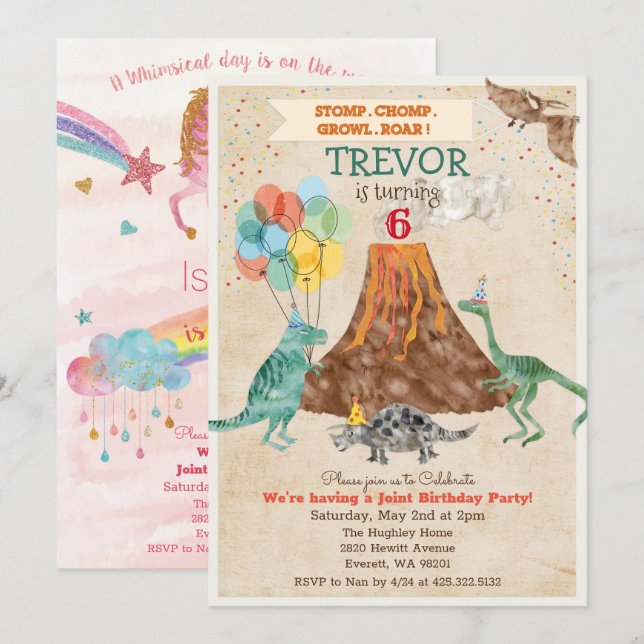 DUAL INVITE - Einhorn und Dinosaurier Einladung zu (Vorne/Hinten)