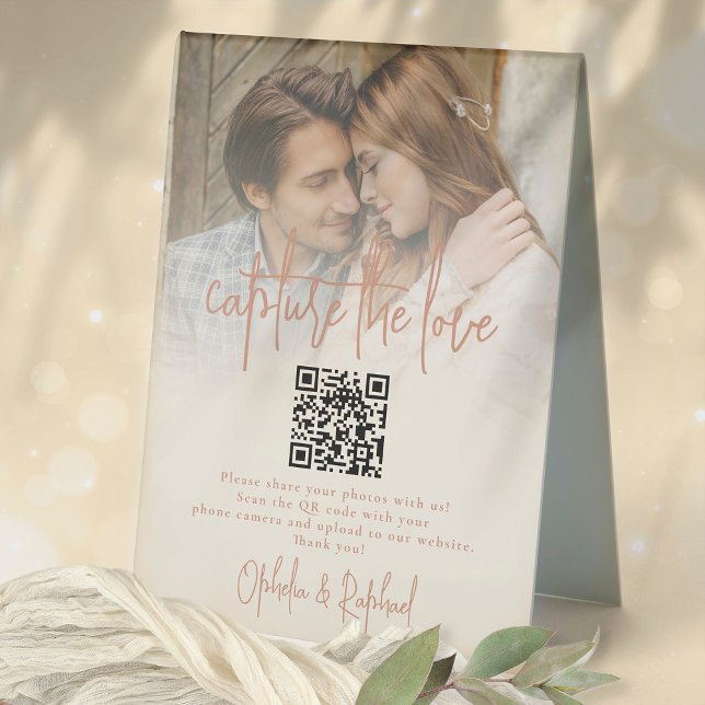 Dual Tone Foto Capture the Liebe QR Wedding Tischaufsteller (Fliip for the opposite colorway on the other side so you can display either way round)