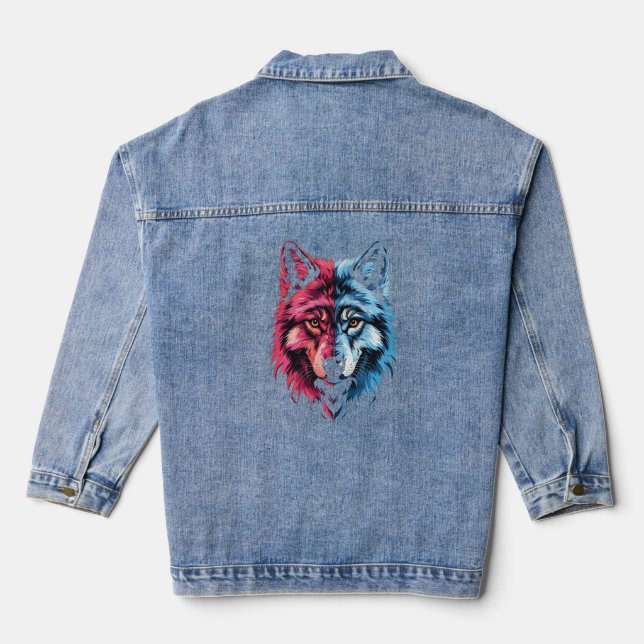 Duality Wolf - Roter und Blauer Geist Kunst Jeansjacke (Rückseite)