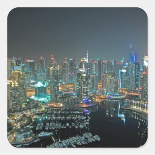 Dubai, Arabische Emirate-Skyline nachts Quadratischer Aufkleber