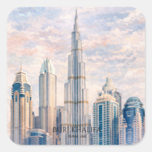 Dubai Burj Khalifa Luxus Stadt Skyline Aquarell Quadratischer Aufkleber