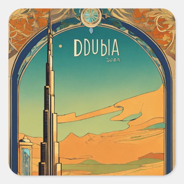 Dubai Dreamscape - Grafik Art Nouveau Postc Quadratischer Aufkleber (Vorderseite)