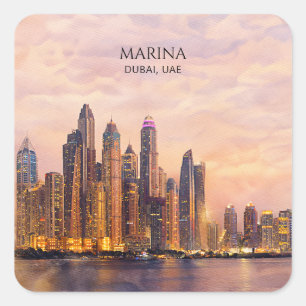 Dubai Marina Skyline Aquarell Stadtlichter Reise Quadratischer Aufkleber