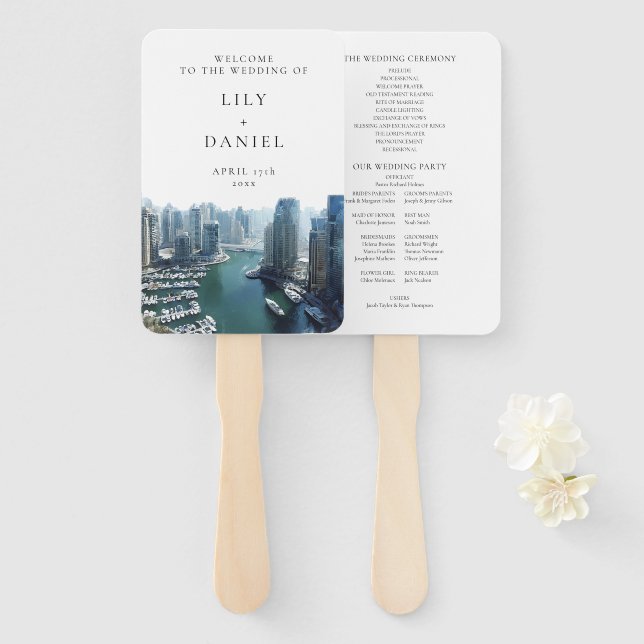 Dubai-Skyline-Aquarell-Hochzeitsprogramm Fächer (Vorne und Hinten)