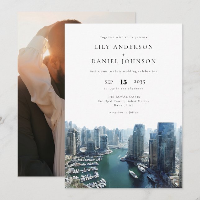 Dubai Skyline Destination Photo Wedding Einladung (Vorne/Hinten)