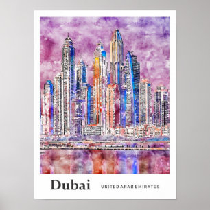 Dubai UAE Travel Watercolor Hand Drawing Poster