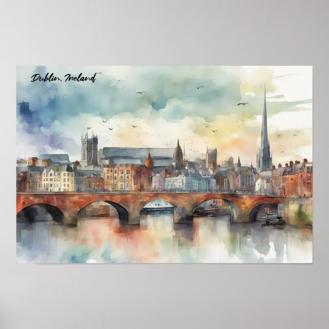 Dublin Irland Stadt Silhouette Aquarellmalerei Poster (Vorne)