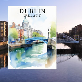 Dublin, Irland Watercolor Travel Art Postcard Postkarte