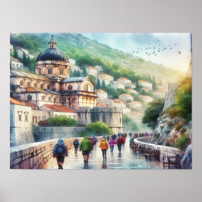 Dubrovnik Kroatien Spaziergang auf dem Wall Aquare Poster (Vorne)