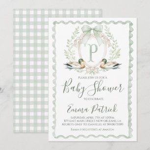 Duck Baby Boy Shower Preppy Gingham Sage Green Einladung
