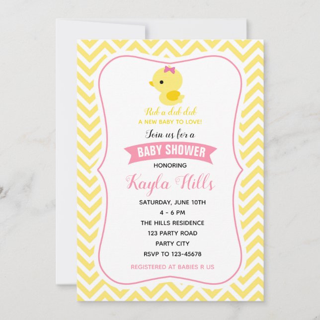 Duck Baby Girl Dusche Einladungen (gelb Zickzack) (Vorderseite)