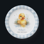 Duck Blue Gingham Birthday Paper Plate Pappteller<br><div class="desc">"Eine glückliche Ente" erste Geburtstagspapier mit niedlicher Ente und blauem Gingham-Muster.</div>