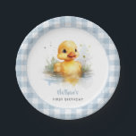 Duck Blue Gingham Birthday Paper Plate Pappteller<br><div class="desc">"Eine glückliche Ente" erste Geburtstagspapier mit niedlicher Ente und blauem Gingham-Muster.</div>