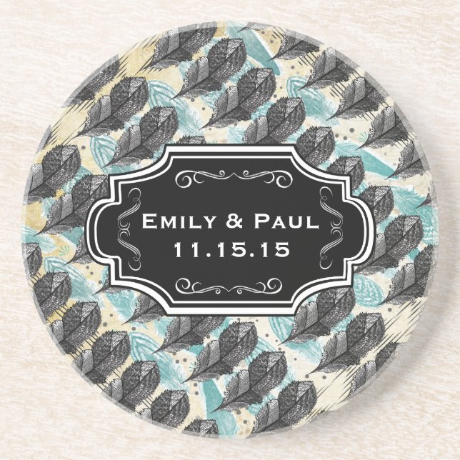 Duck Egg Blue Feather Pattern Hochzeit Untersetzer (Vorne)
