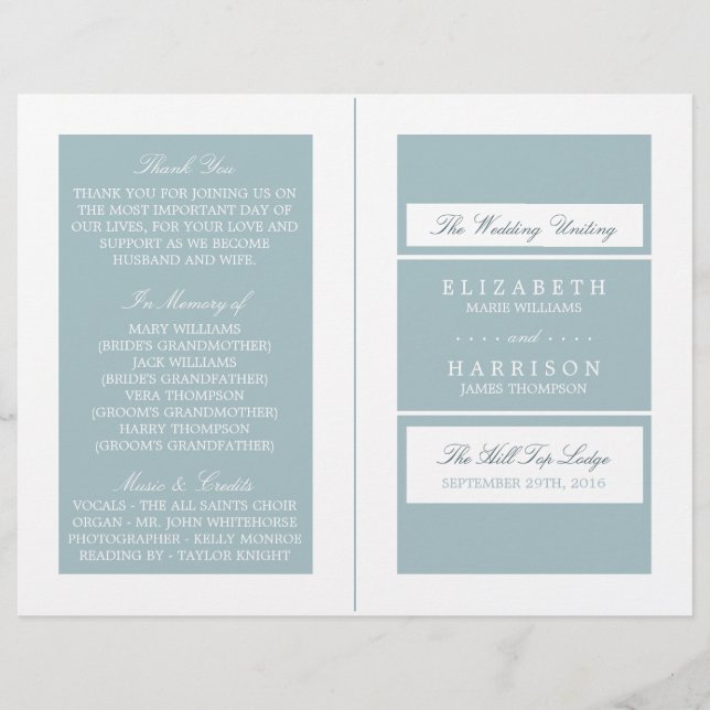 Duck Egg Blue Modern Wedding Bi-fold Programm (Vorderseite)
