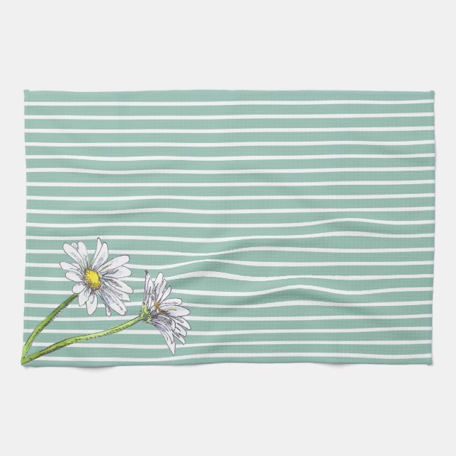 Duck Egg Blue Striped Floral Watercolor Daisy Geschirrtuch (Horizontal)