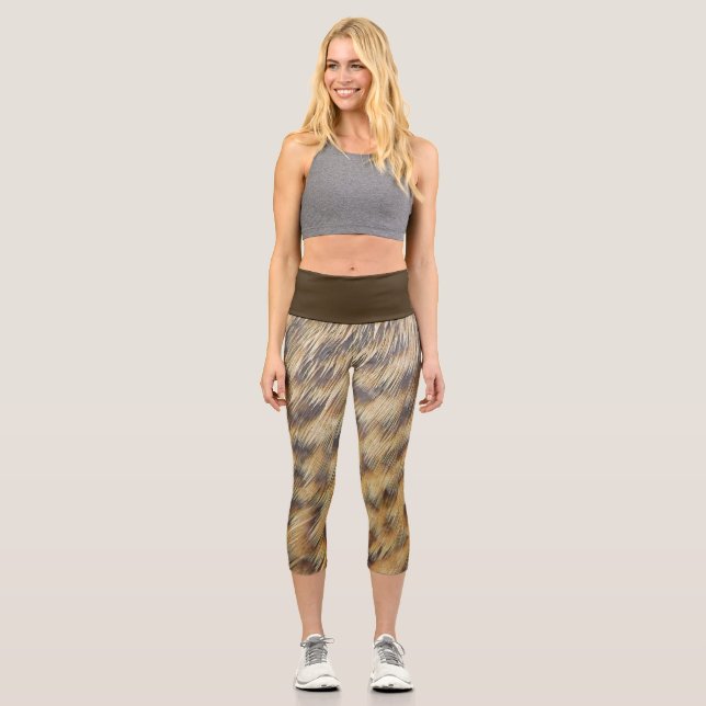 Duck Feather Foto Animal Print Gold Brown Gepunkte Capri Leggings (Vorderseite)