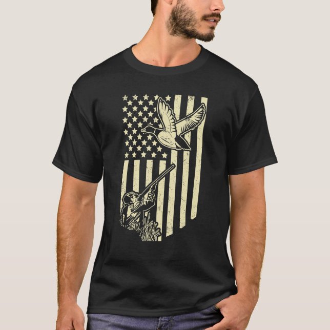 Duck Hunter American Flag Wasservögel Jagd T-Shirt (Vorderseite)