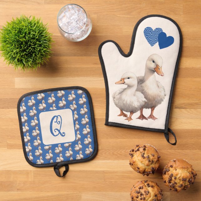 Duck Liebe Blue Pattern Herz Initial Ofenhandschuh & Topflappen-Set (Oben Unten)