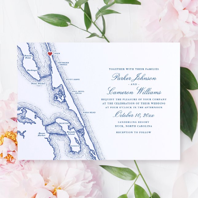 Duck NC Karte Elegant Navy Blue Wedding (Duck NC Wedding Invitation for an elegant navy blue Outer Banks Wedding by Coastal Map Designs)