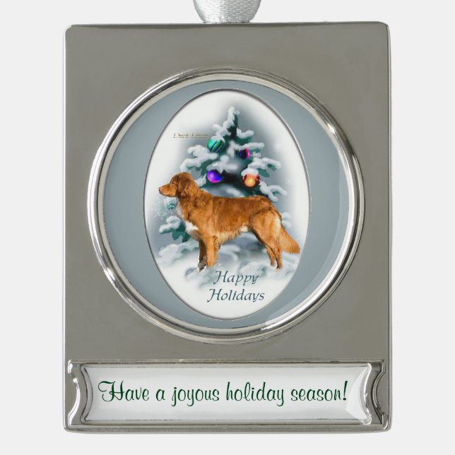 Duck Toller Personalisiert Weihnachten Banner-Ornament Silber (Vorderseite)
