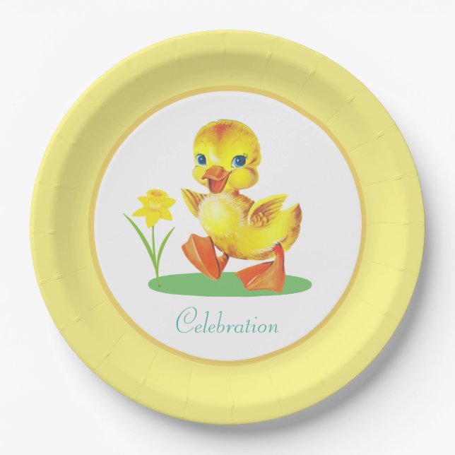 Duckeln mit Blume auf Gelb und Weiß Pappteller (Vorderseite)