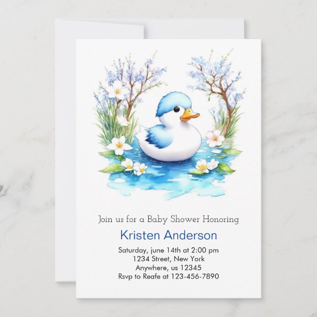 Duckling Blissful Blue Floral Boy Baby Showdusche Einladung (Vorderseite)