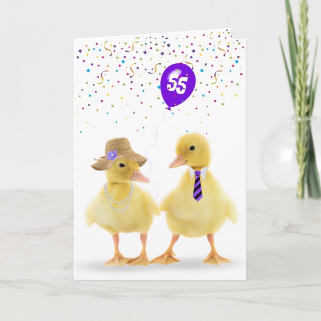 Duckling Couple mit 55. Geburtstagsballon Karte (Vorderseite)
