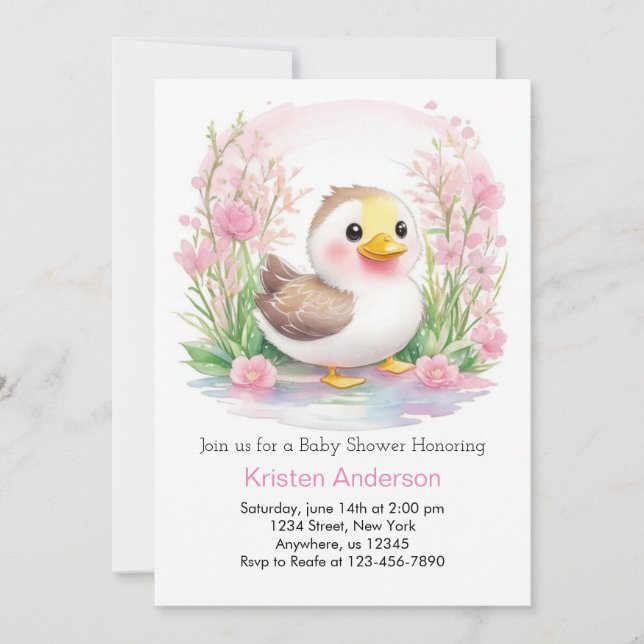 Duckling Niedlich Pink Girl Babydusche Einladung (Vorderseite)