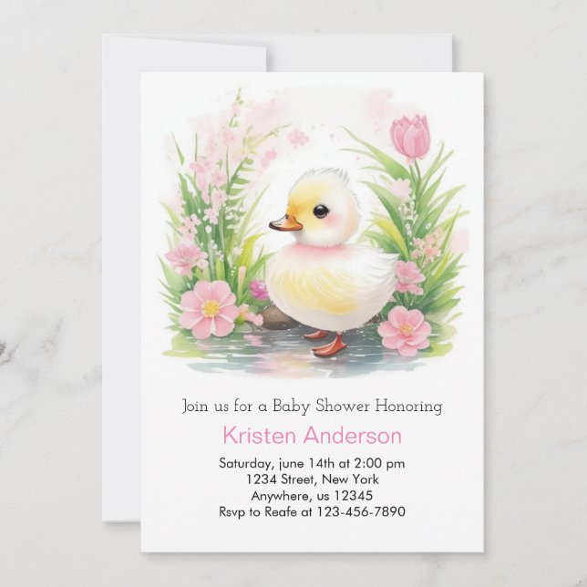 Duckling Pink Wildblume Whimsy Girl Babydusche Einladung (Vorderseite)