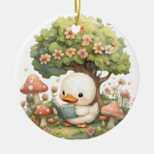 Duckling Reading Under a Tree - Whimsical and Rela Keramik Ornament