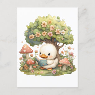 Duckling Reading Under a Tree - Whimsical and Rela Postkarte