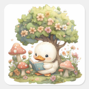 Duckling Reading Under a Tree - Whimsical and Rela Quadratischer Aufkleber
