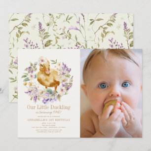 Duckling Watercolor Floral Girl 1. Geburtstag Foto Einladung