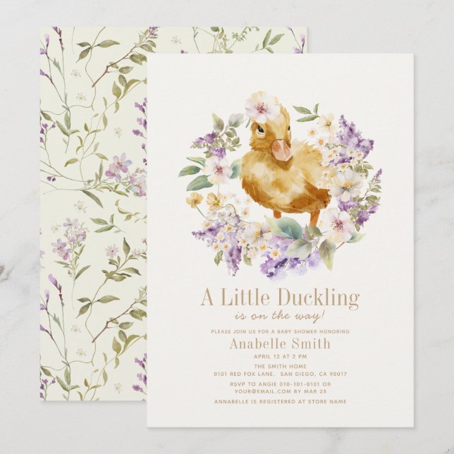 Duckling Watercolor Floral Girl Babydusche Einladung (Vorne/Hinten)