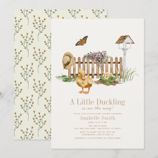 Duckling Watercolor Garden Girl Babydusche Einladung (Vorne/Hinten)