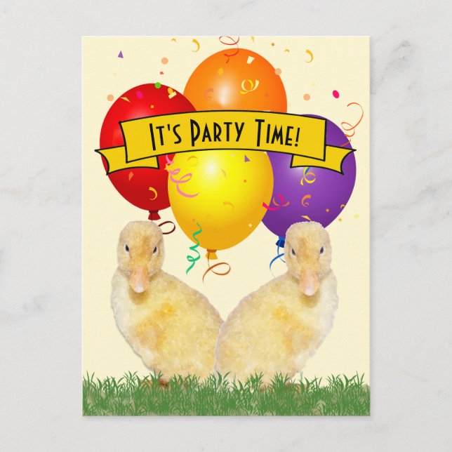 Ducklings farbenfrohe Balloons Kinder zum Geburtst Einladungspostkarte (Vorderseite)