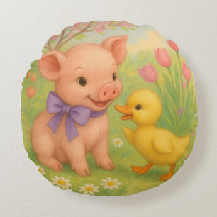 Ducktier und Ferkel mit Lila Wind, Aquarell b Rundes Kissen