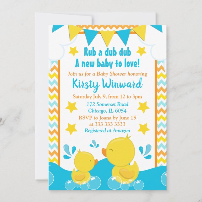 Ducky Polka Dot Babydusche aus Gelb & Blau Einladung (Vorderseite)