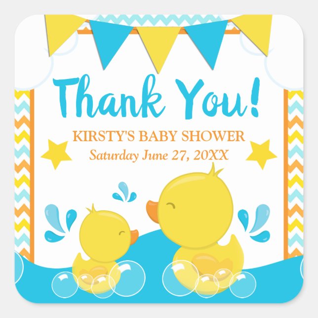 Ducky Polka Dot Babydusche aus Gelb & Blau Quadratischer Aufkleber (Vorderseite)